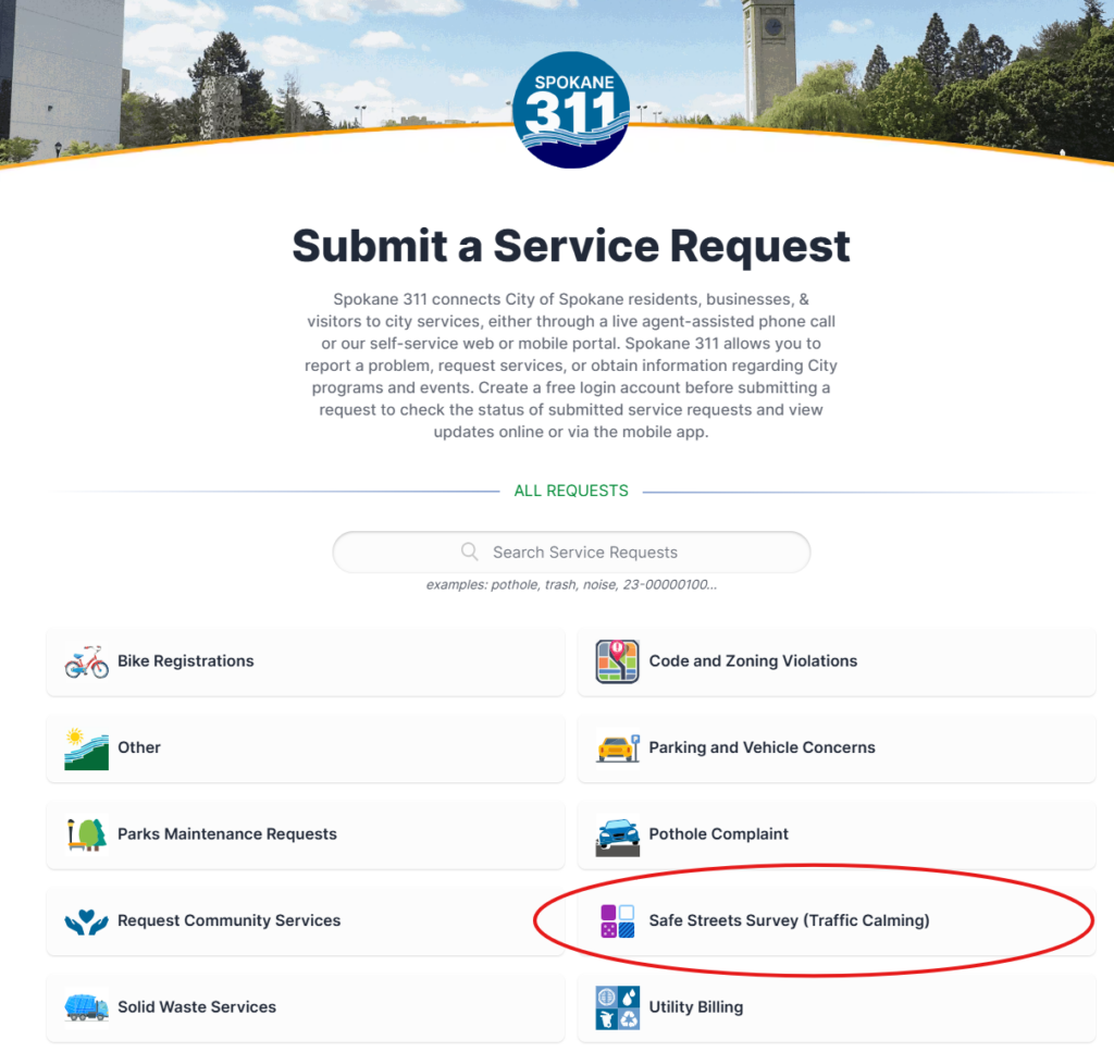 Photo of the Spokane City 311 request a service website with the traffic calming button circled.