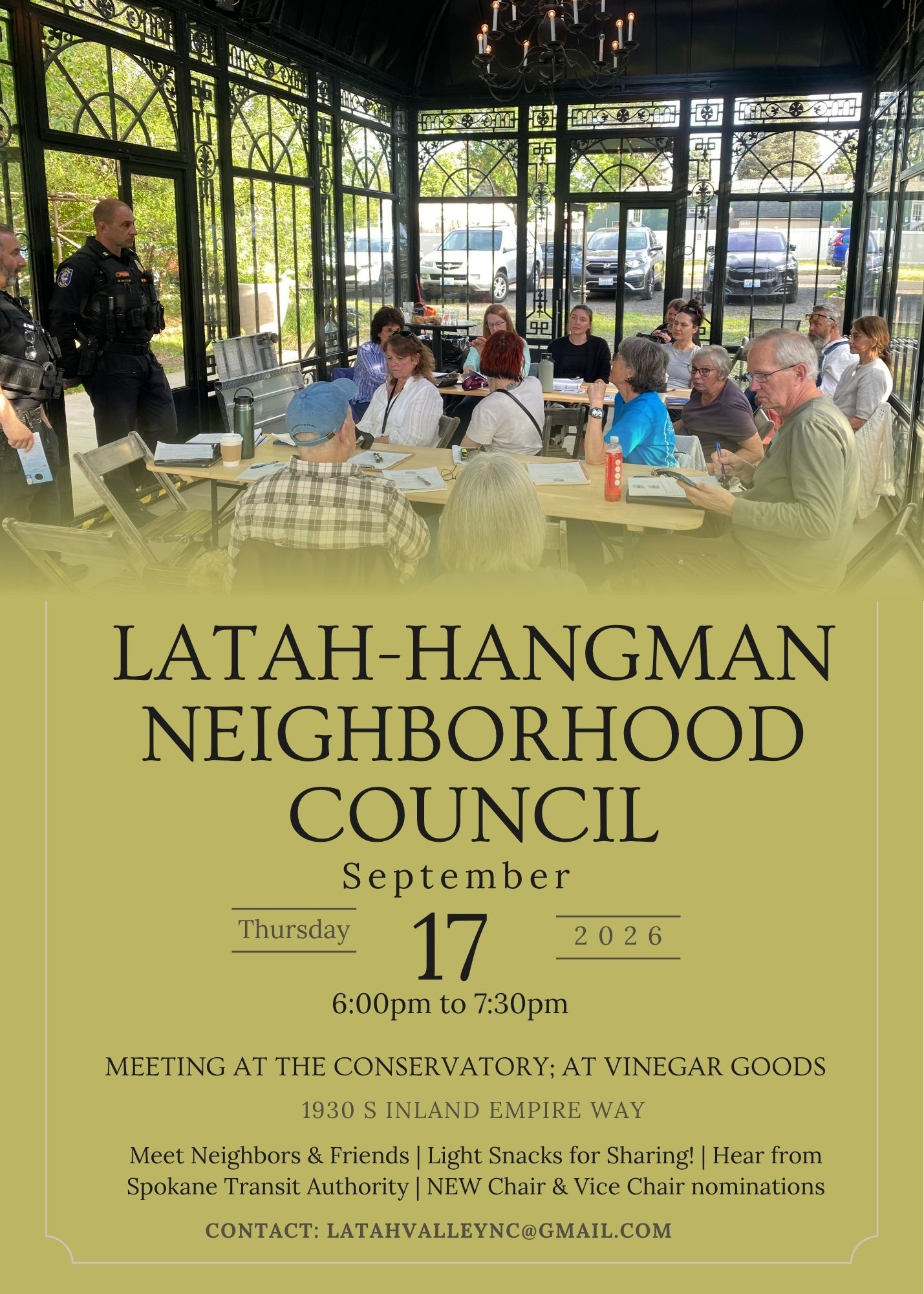 Latah-Hangman Neighborhood Council meeting, Thursday September 17, 2026, 6 to 7:30pm at The Conservatory, 1930 S Inland Empire Way